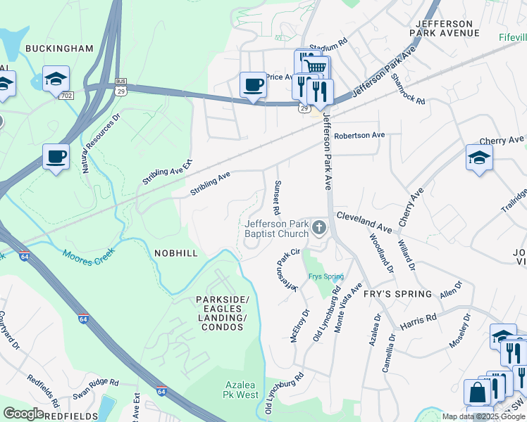 map of restaurants, bars, coffee shops, grocery stores, and more near 214 Huntley Avenue in Charlottesville