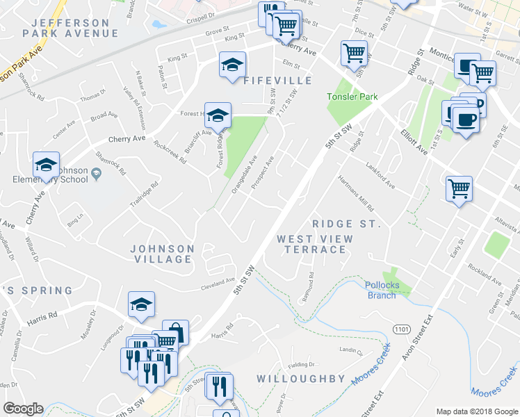 map of restaurants, bars, coffee shops, grocery stores, and more near 612 Bailey Road in Charlottesville
