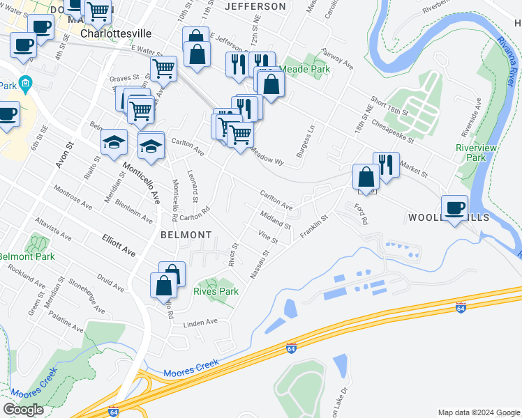 map of restaurants, bars, coffee shops, grocery stores, and more near 516 Rives Street in Charlottesville