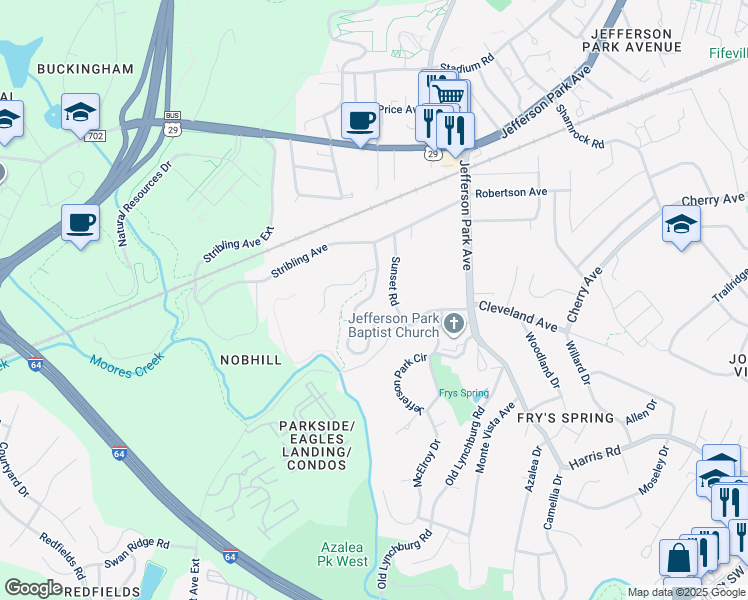 map of restaurants, bars, coffee shops, grocery stores, and more near 214 Huntley Avenue in Charlottesville