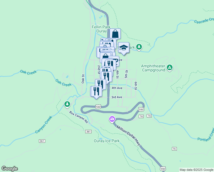 map of restaurants, bars, coffee shops, grocery stores, and more near 338 Main Street in Ouray