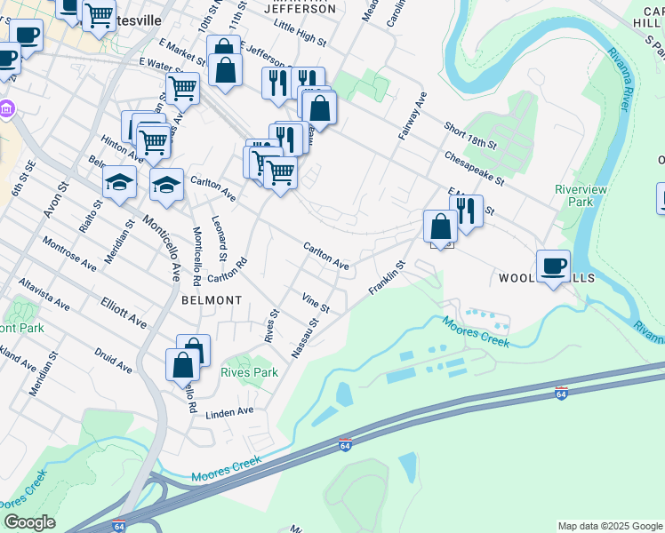 map of restaurants, bars, coffee shops, grocery stores, and more near 1414 Sunrise Park Lane in Charlottesville