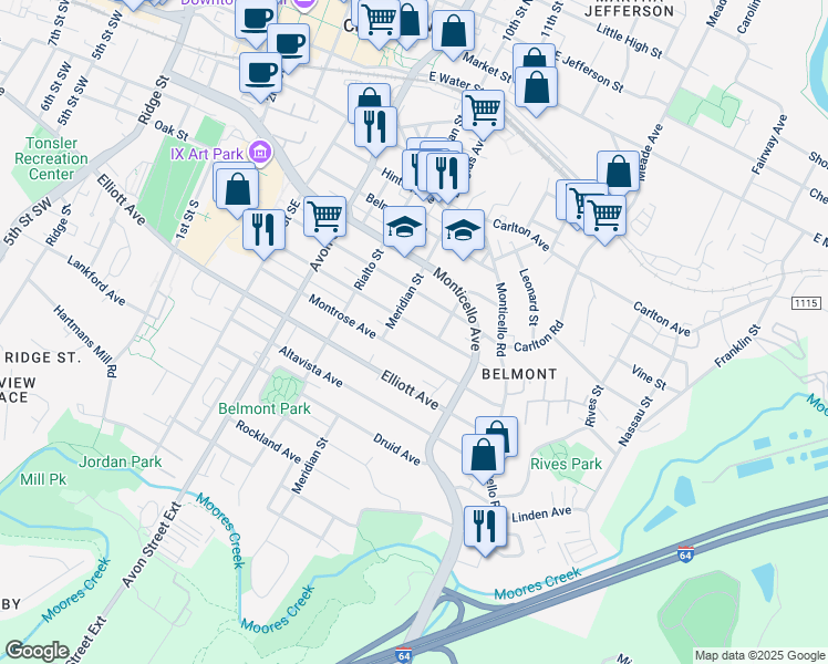 map of restaurants, bars, coffee shops, grocery stores, and more near 905 Montrose Avenue in Charlottesville