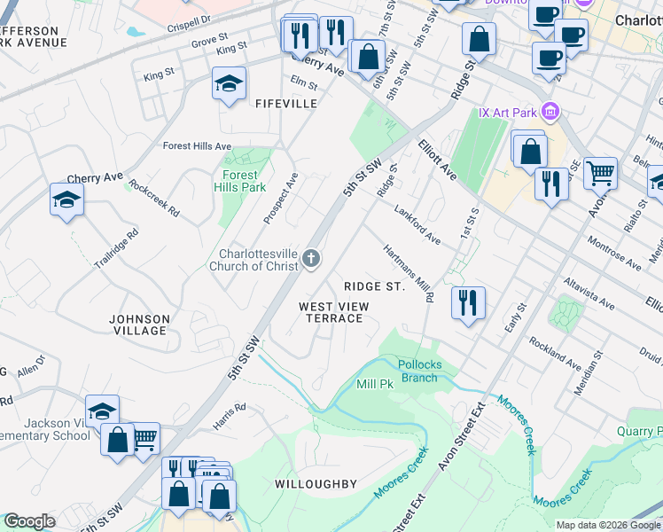map of restaurants, bars, coffee shops, grocery stores, and more near 839-877 Ridge Street in Charlottesville