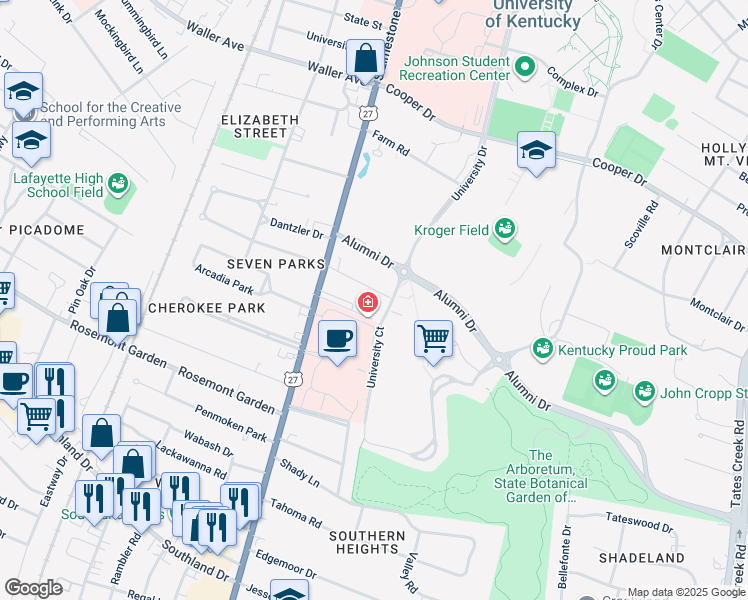 map of restaurants, bars, coffee shops, grocery stores, and more near 1640 Nicholasville Road in Lexington