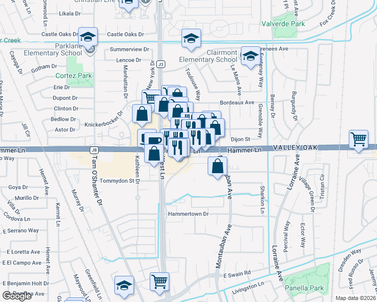 map of restaurants, bars, coffee shops, grocery stores, and more near West Lane Frontage Road in Stockton