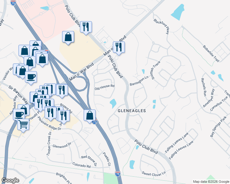 map of restaurants, bars, coffee shops, grocery stores, and more near 3092 Roundway Down Lane in Lexington