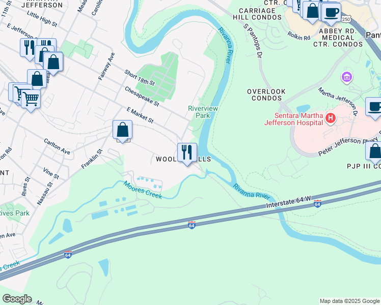 map of restaurants, bars, coffee shops, grocery stores, and more near 1910 East Market Street in Charlottesville