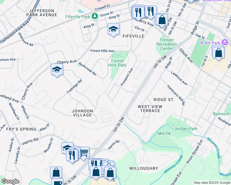 map of restaurants, bars, coffee shops, grocery stores, and more near 815 Prospect Avenue in Charlottesville