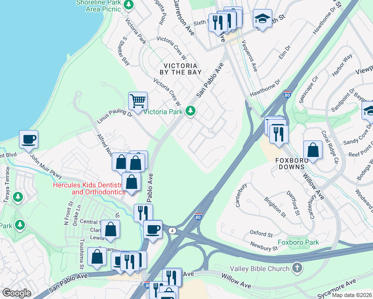 map of restaurants, bars, coffee shops, grocery stores, and more near 1006 Flowering Ash Drive in Hercules