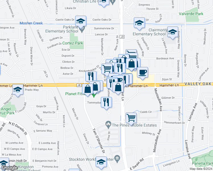 map of restaurants, bars, coffee shops, grocery stores, and more near 1210 East Hammer Lane in Stockton