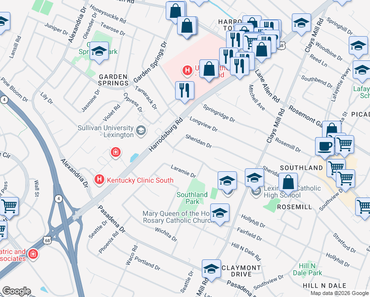 map of restaurants, bars, coffee shops, grocery stores, and more near 656 Cardinal Lane in Lexington