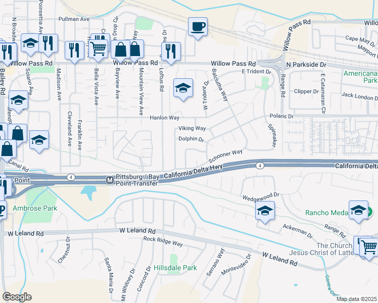map of restaurants, bars, coffee shops, grocery stores, and more near 61 Galleon Way in Pittsburg