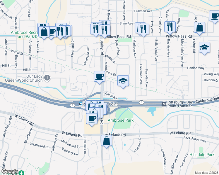 map of restaurants, bars, coffee shops, grocery stores, and more near 261 Bailey Road in Bay Point