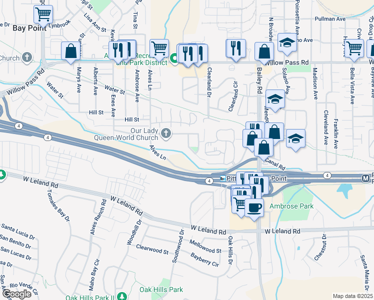 map of restaurants, bars, coffee shops, grocery stores, and more near 242 Summerfield Drive in Bay Point