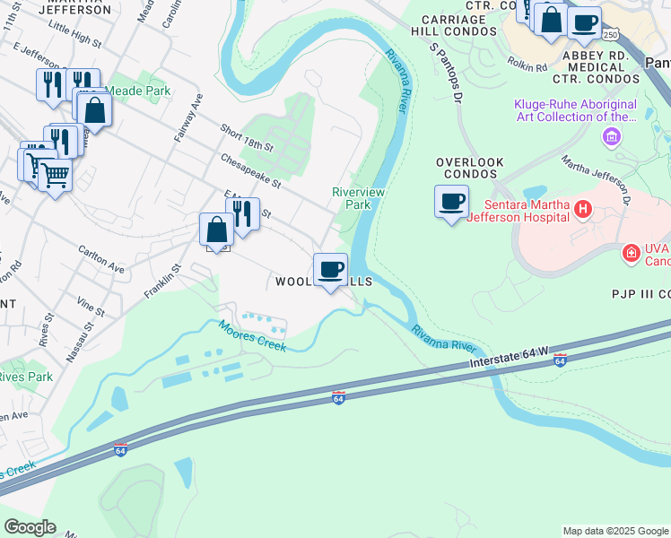 map of restaurants, bars, coffee shops, grocery stores, and more near 1909 East Market Street in Charlottesville