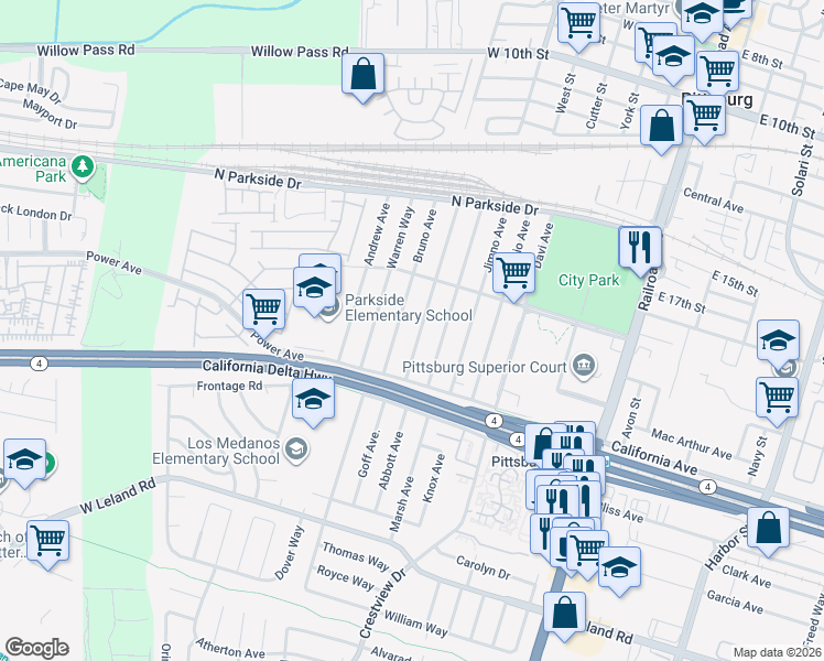 map of restaurants, bars, coffee shops, grocery stores, and more near 315 Mildred Avenue in Pittsburg