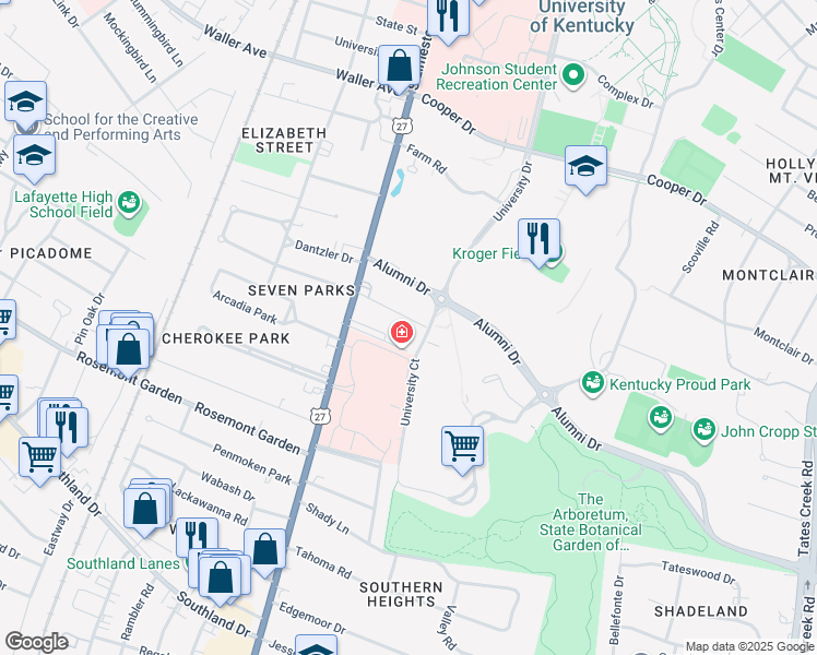 map of restaurants, bars, coffee shops, grocery stores, and more near 1640 Nicholasville Road in Lexington