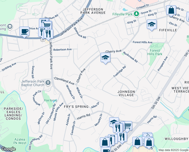 map of restaurants, bars, coffee shops, grocery stores, and more near 902 Rainier Road in Charlottesville
