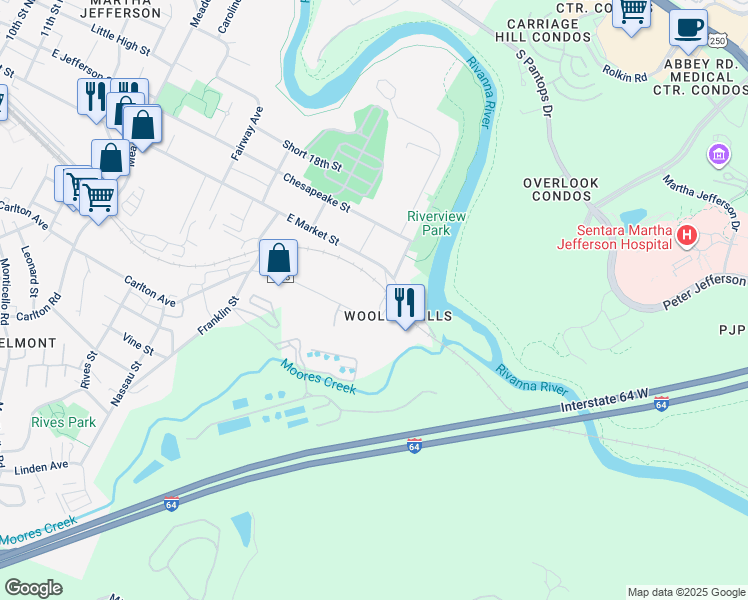 map of restaurants, bars, coffee shops, grocery stores, and more near 1837 Broadway Street in Charlottesville