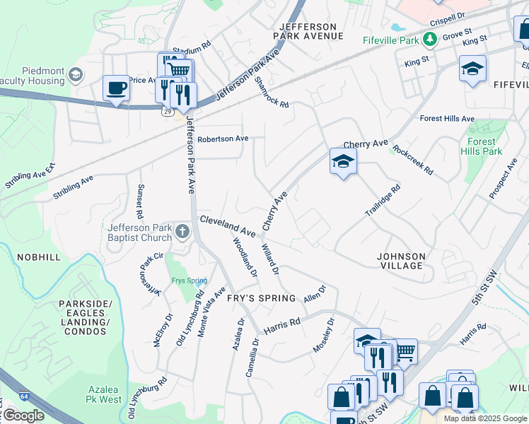 map of restaurants, bars, coffee shops, grocery stores, and more near 1712 Cherry Ave in Charlottesville