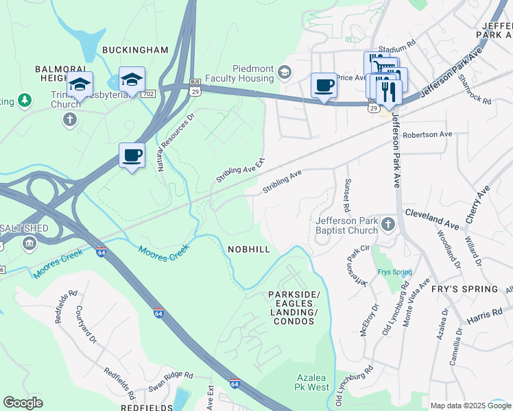 map of restaurants, bars, coffee shops, grocery stores, and more near 564 Nob Hill Circle in Charlottesville