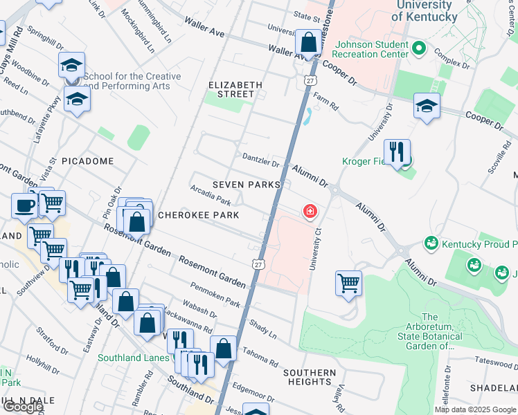 map of restaurants, bars, coffee shops, grocery stores, and more near 112 Arcadia Park in Lexington