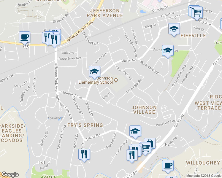 map of restaurants, bars, coffee shops, grocery stores, and more near 829 Rainier Road in Charlottesville