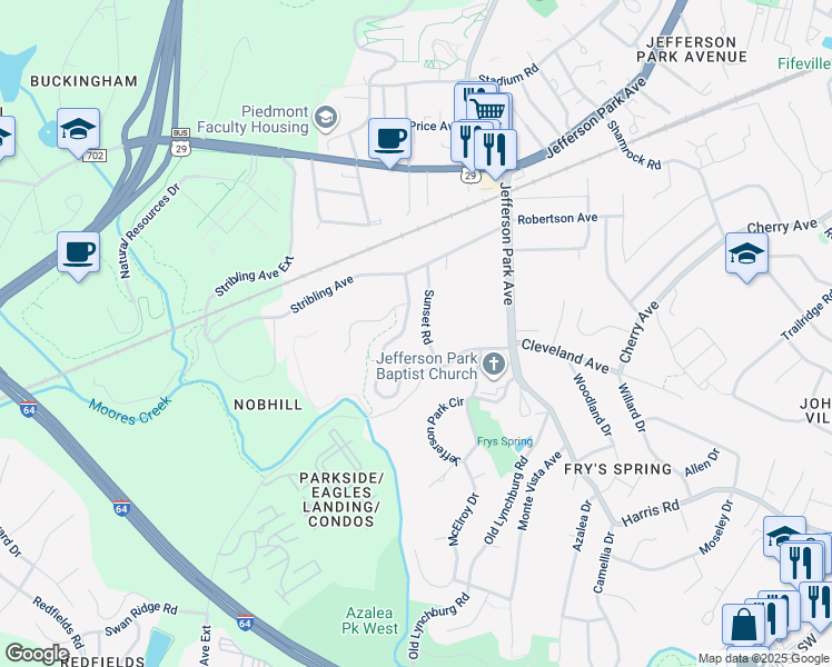 map of restaurants, bars, coffee shops, grocery stores, and more near 2423 Sunset Road in Charlottesville