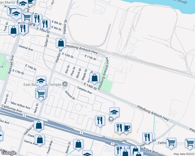 map of restaurants, bars, coffee shops, grocery stores, and more near 1329 Columbia Street in Pittsburg
