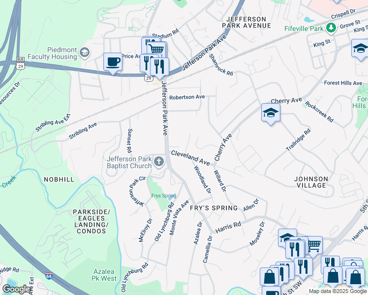 map of restaurants, bars, coffee shops, grocery stores, and more near 105 Hammond Street in Charlottesville