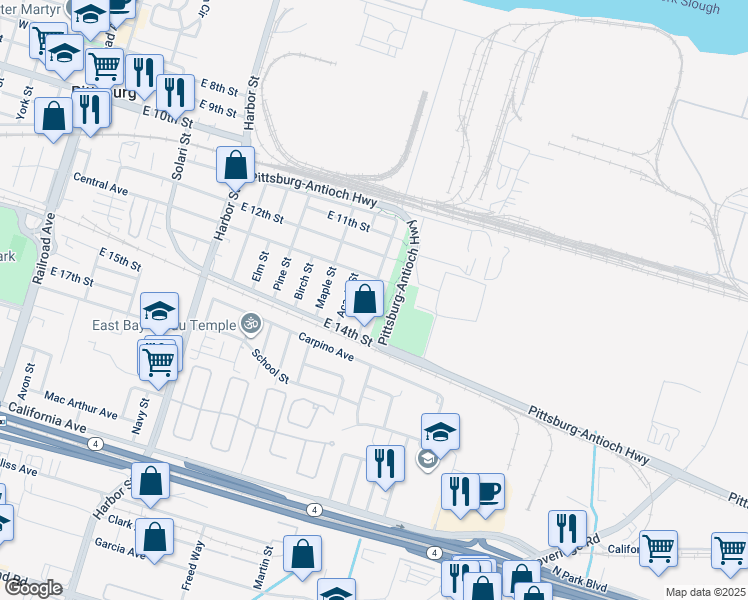 map of restaurants, bars, coffee shops, grocery stores, and more near 1331 Columbia Street in Pittsburg