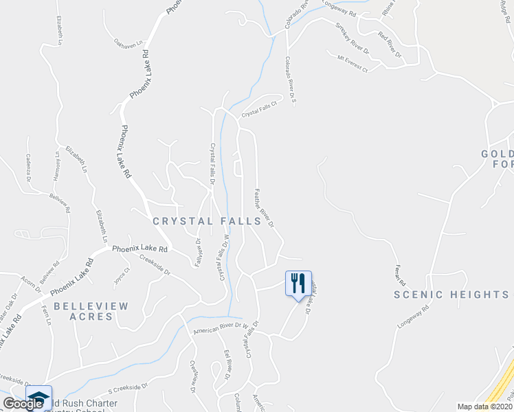 map of restaurants, bars, coffee shops, grocery stores, and more near 21976 Feather River Drive in Sonora