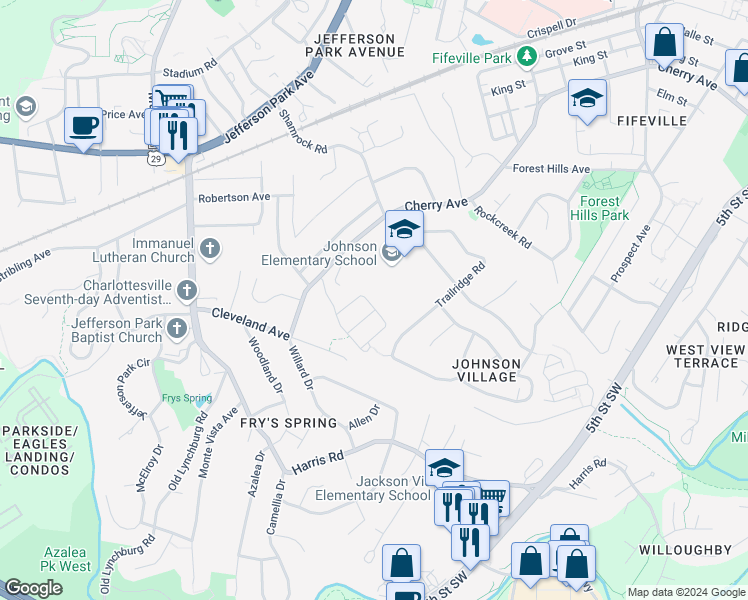 map of restaurants, bars, coffee shops, grocery stores, and more near 831 Rainier Road in Charlottesville