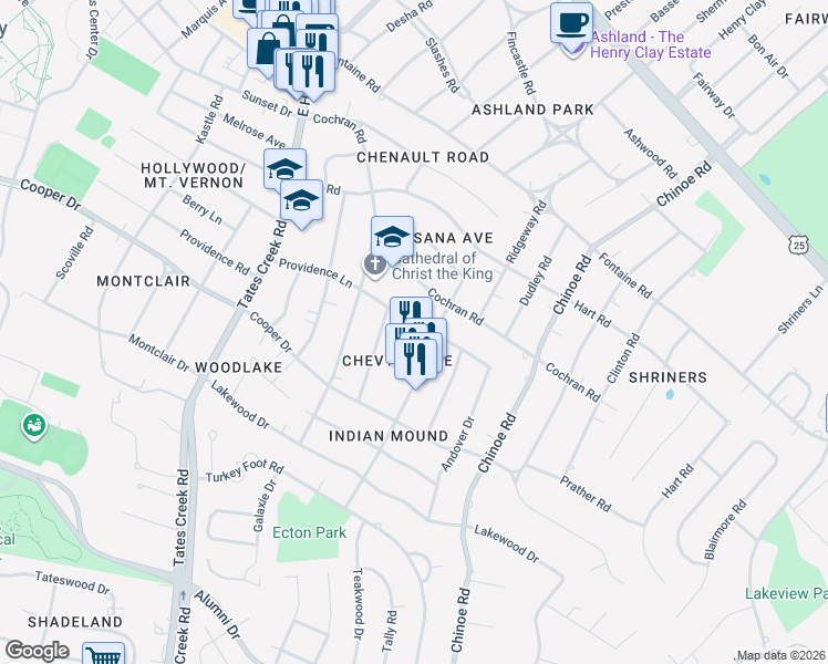 map of restaurants, bars, coffee shops, grocery stores, and more near 314 Romany Road in Lexington