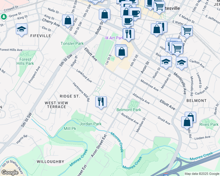 map of restaurants, bars, coffee shops, grocery stores, and more near 502 Druid Avenue in Charlottesville