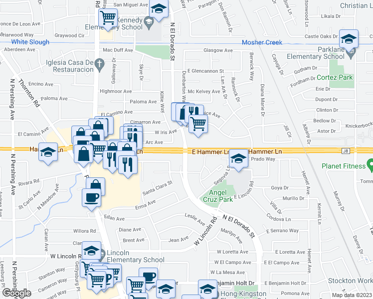 map of restaurants, bars, coffee shops, grocery stores, and more near N El Dorado St & W Hammer Ln in Stockton