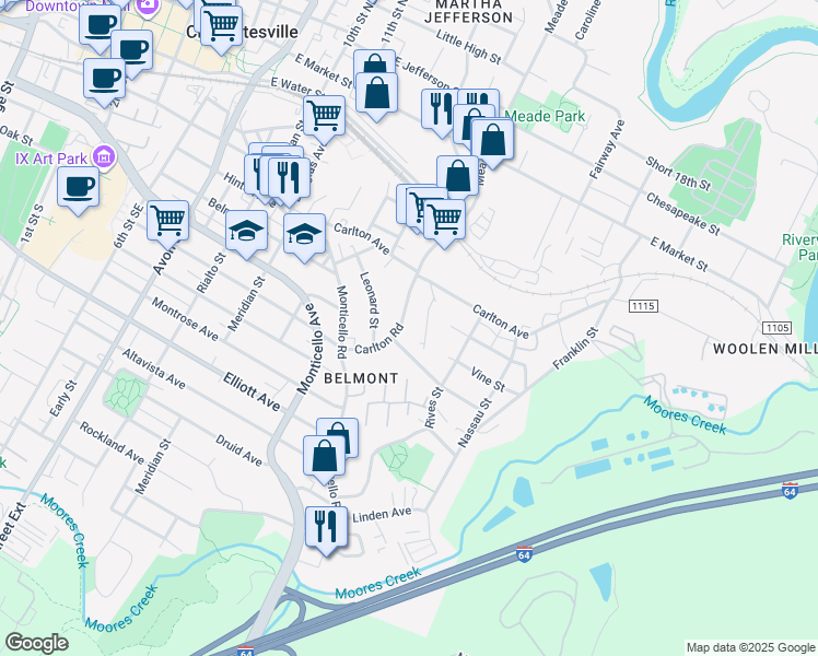 map of restaurants, bars, coffee shops, grocery stores, and more near 1300-1302 Hampton Street in Charlottesville
