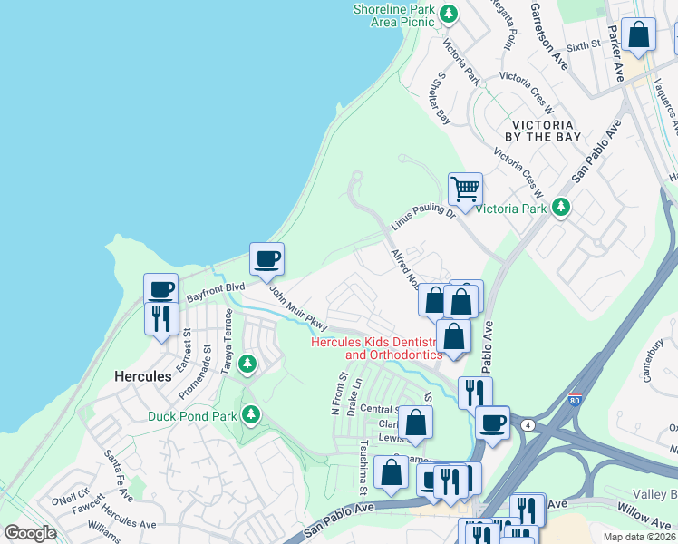 map of restaurants, bars, coffee shops, grocery stores, and more near 551 Linus Pauling Drive in Hercules