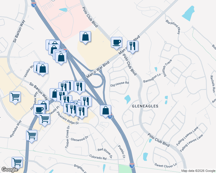 map of restaurants, bars, coffee shops, grocery stores, and more near 3001 Roundway Down Lane in Lexington