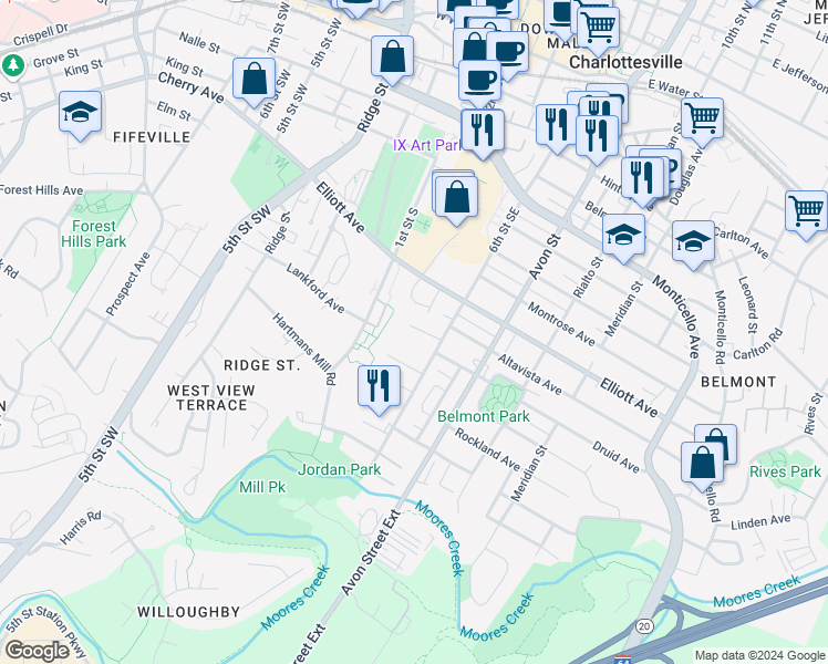 map of restaurants, bars, coffee shops, grocery stores, and more near 502 Druid Avenue in Charlottesville