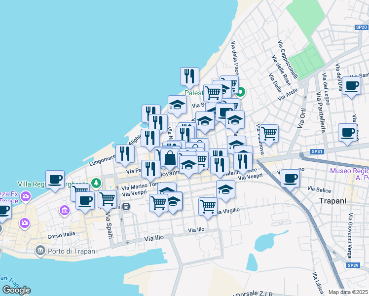 map of restaurants, bars, coffee shops, grocery stores, and more near 93 Via Livio Bassi in Trapani