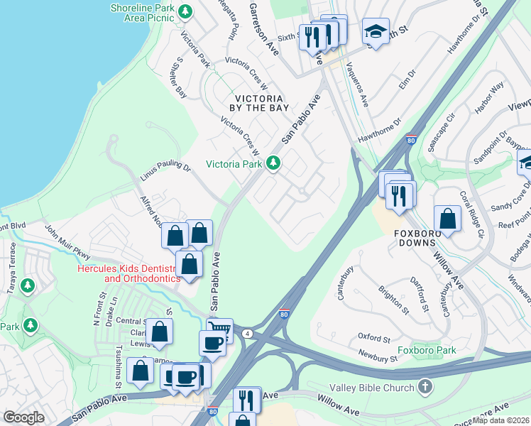map of restaurants, bars, coffee shops, grocery stores, and more near 1006 Flowering Ash Drive in Hercules