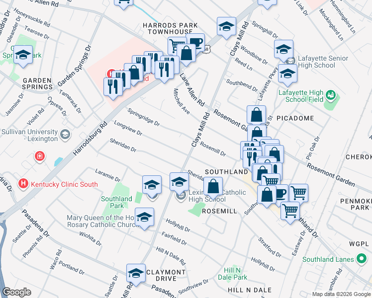 map of restaurants, bars, coffee shops, grocery stores, and more near 2200 Clays Mill Road in Lexington