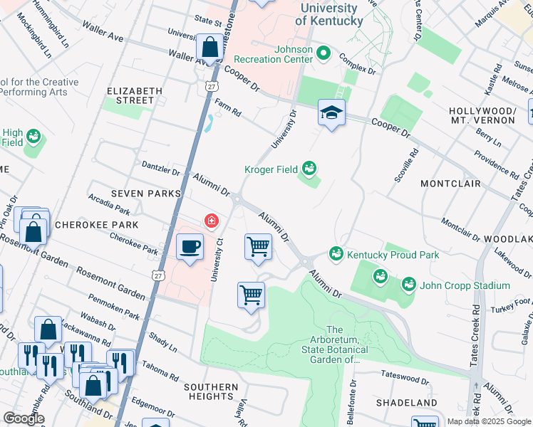 map of restaurants, bars, coffee shops, grocery stores, and more near 295 Alumni Drive in Lexington