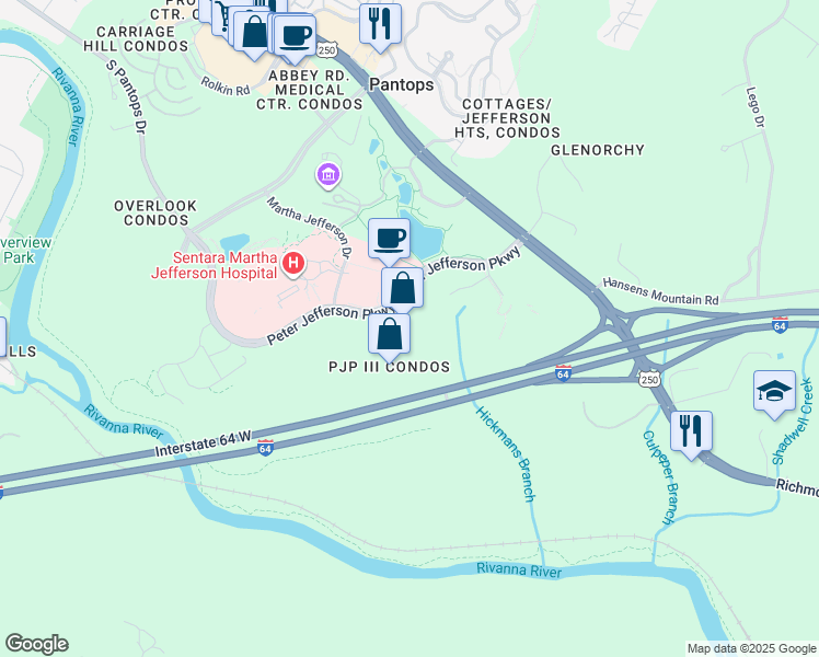 map of restaurants, bars, coffee shops, grocery stores, and more near 630 Peter Jefferson Parkway in Charlottesville