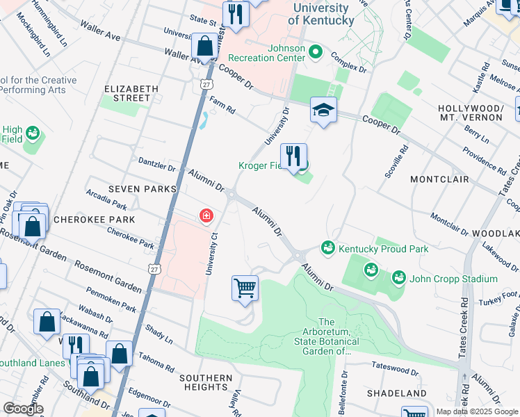 map of restaurants, bars, coffee shops, grocery stores, and more near 295 Alumni Drive in Lexington