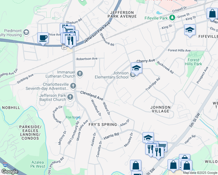 map of restaurants, bars, coffee shops, grocery stores, and more near 1700 Cherry Avenue in Charlottesville
