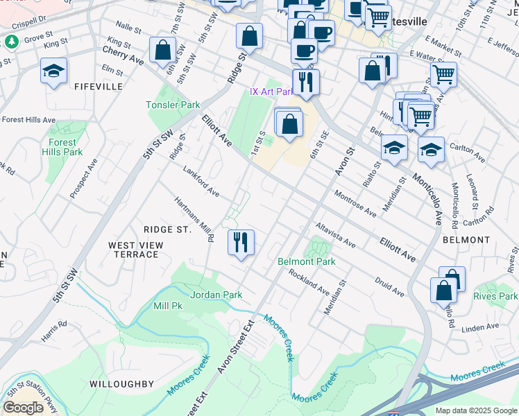 map of restaurants, bars, coffee shops, grocery stores, and more near 500 Druid Avenue in Charlottesville