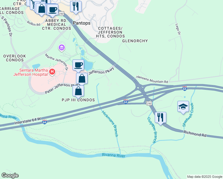 map of restaurants, bars, coffee shops, grocery stores, and more near 652 Peter Jefferson Parkway in Charlottesville